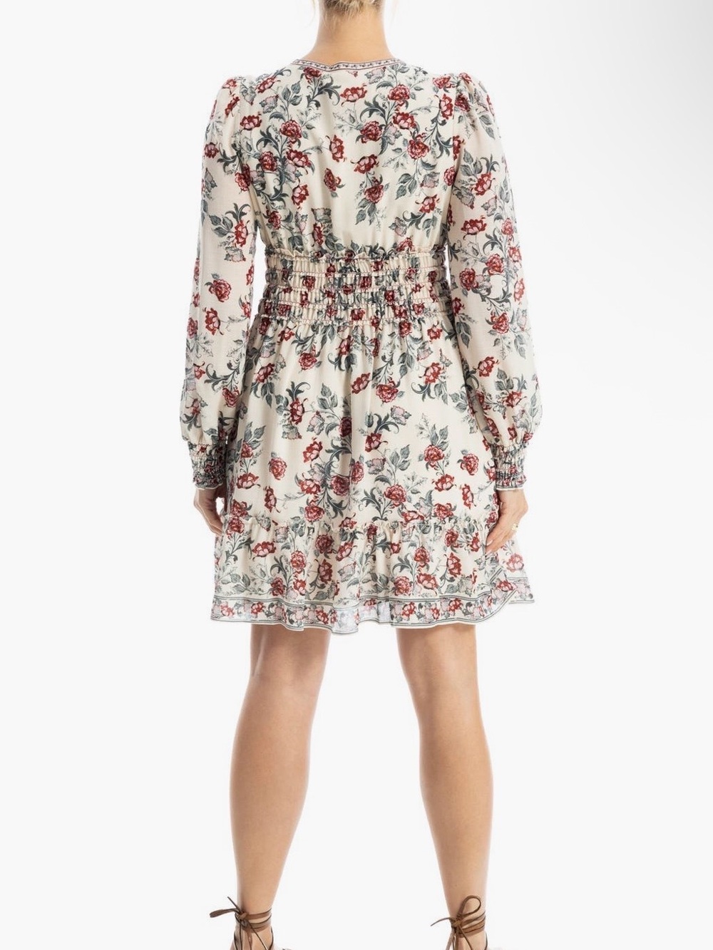 NWT Max Studio Georgette Floral Smocked Waist V-Neck Dress - Ivory, red - Picture 5 of 7